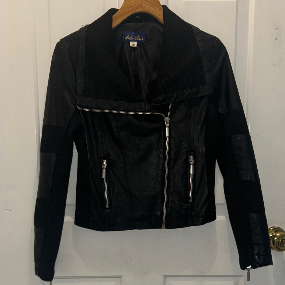 Blue Rain Black Mixed-Media Asymmetrical Zip Leather Jacket